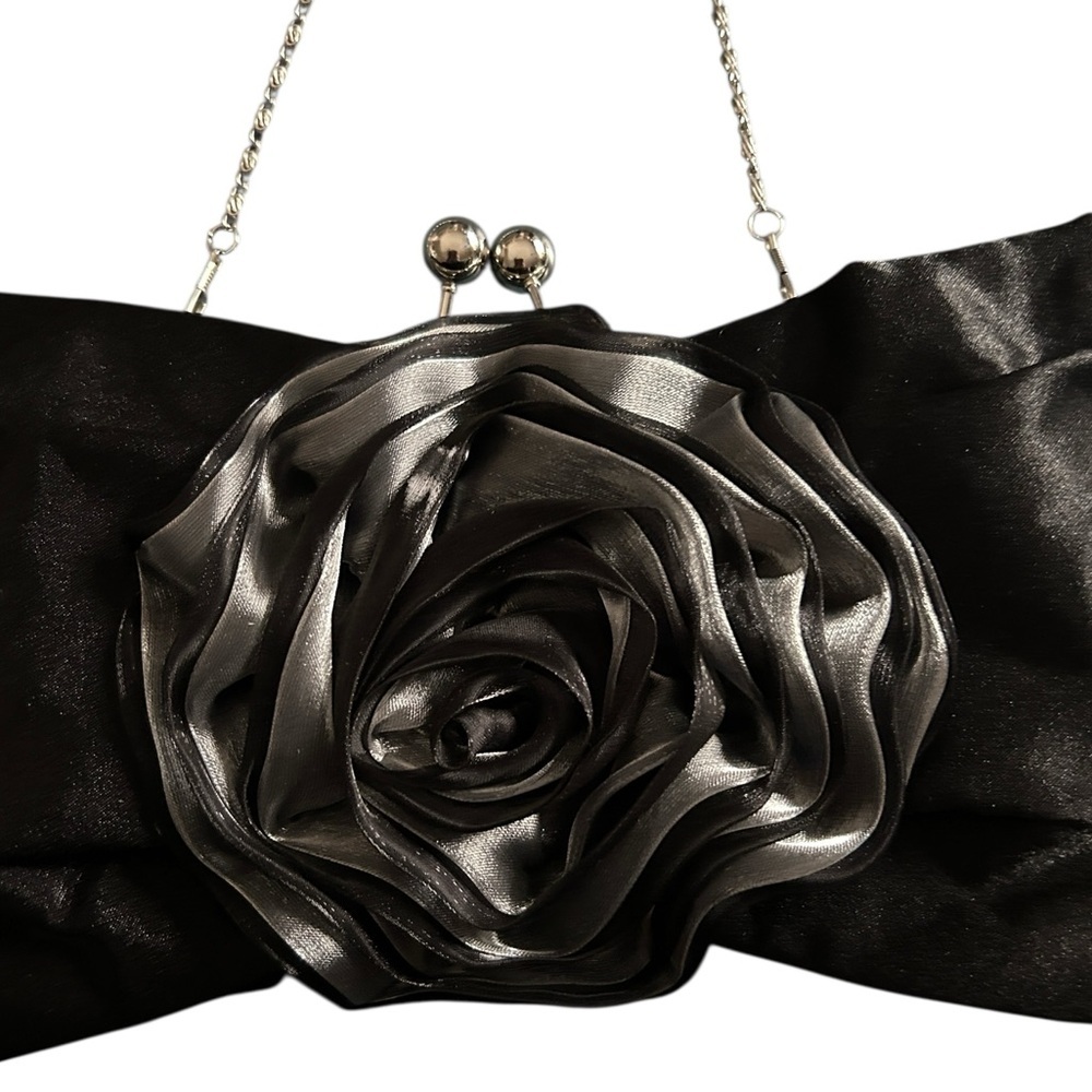 Black Satin Evening Bag with Gray Satine Fabric Flower and Chain - Picture 3 of 6
